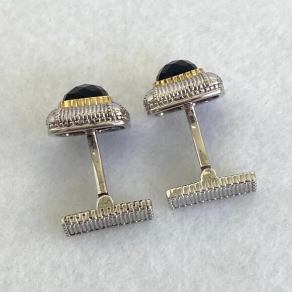 Judith Ripka Sterling Silver 925 18K Yellow Gold Faceted Black Onyx Cuff Links - Picture 3 of 16
